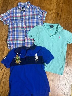 Ralph Lauren Boys' Blue Plaid Button Shirt + Aqua and Royal Polo Trio